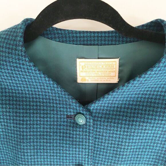 Vintage Pendleton Teal Houndstooth Wool Cropped Academic Blazer 4 - Picture 6 of 7
